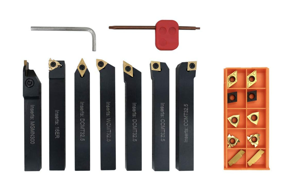 Accusize Industrial Tools 5/8' Shank 7-Piece Indexable Turning Tool Set with Extra Inserts, TiN-Coated C6 for Steel, 2387-2005PLUS
