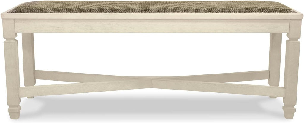 Signature Design by Ashley Bolanburg Casual French Country Upholstered Dining Room Bench with Nailhead Trim, Heavy Woven Fabric, Wood, Antique White & Tan