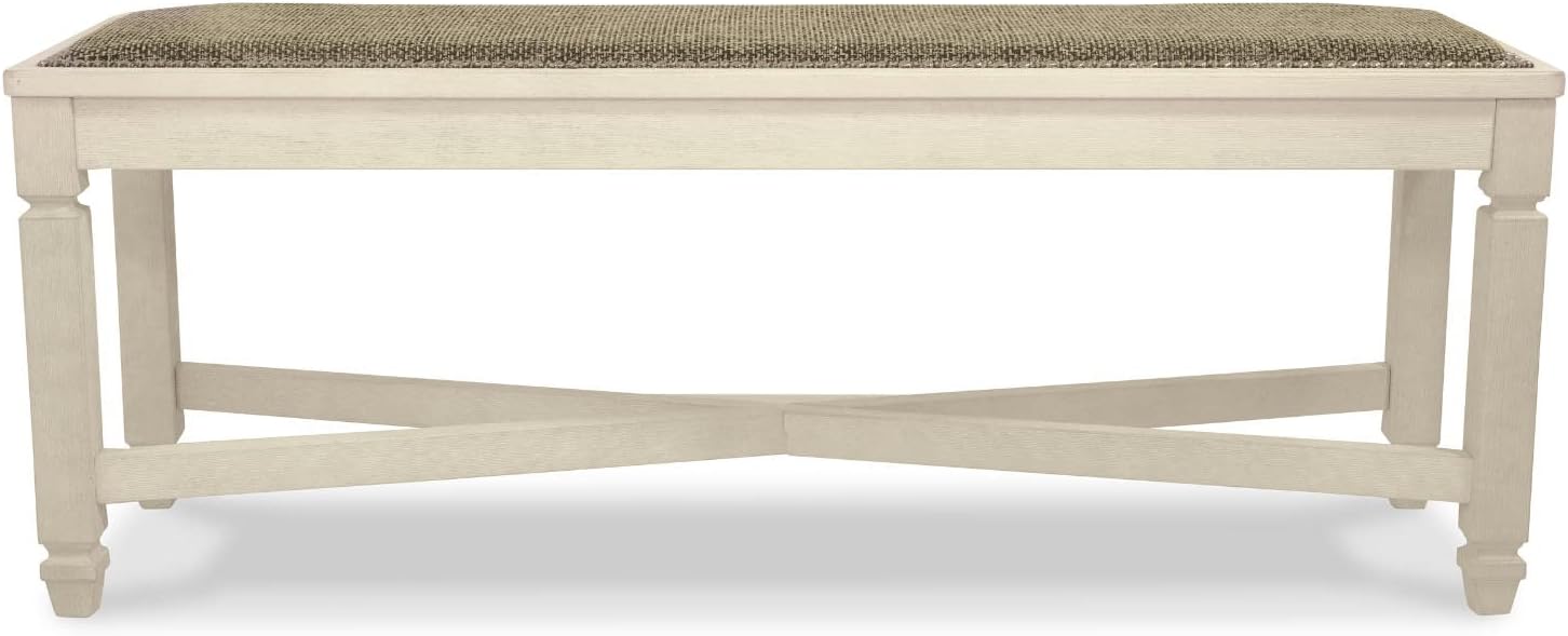 Signature Design by Ashley Bolanburg Casual French Country Upholstered Dining Room Bench with Nailhead Trim, Heavy Woven Fabric, Wood, Antique White & Tan