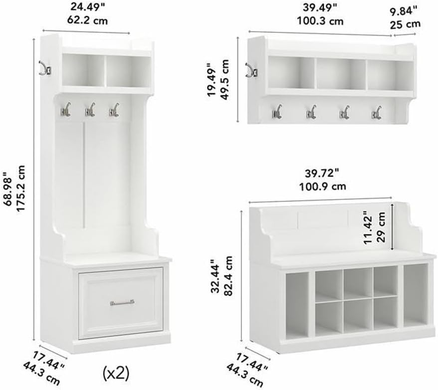 Bush Furniture Woodland Full Entryway Storage Set with Coat Rack and Shoe Bench with Drawers in White Ash | Mudroom Organizer for Footwear, Clothing