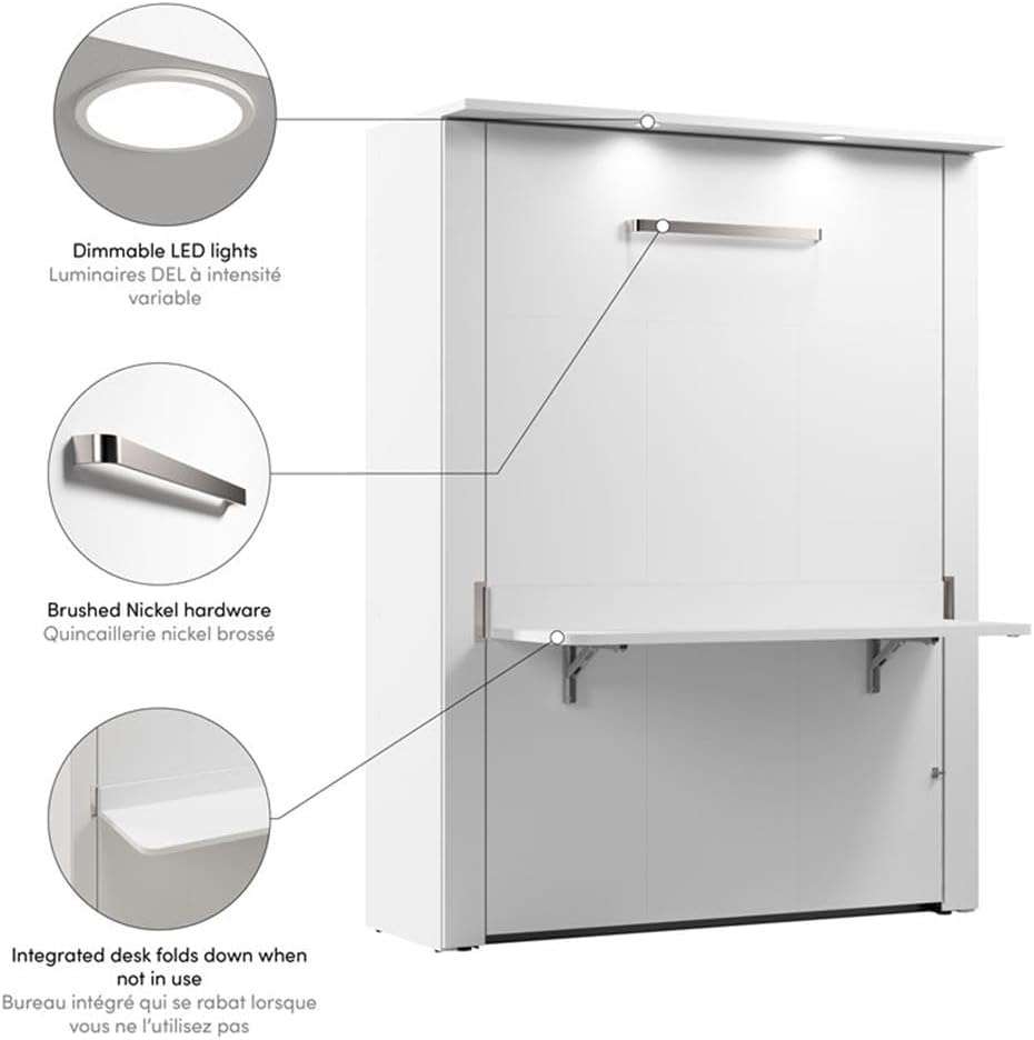 Pemberly Row 61' Engineered Wood Full Murphy Bed with Desk, White Finish, Space-Saving Bedroom Furniture Set, Dual Piston Mechanism, Flip-Up Work Surface, Wall-Mount Installation, Durable Steel Frame