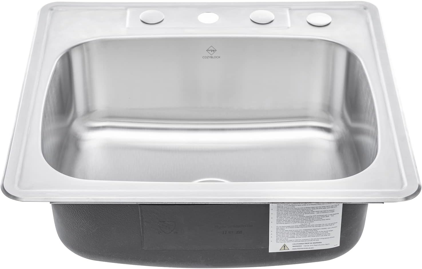 CozyBlock 25 x 22 x 9 Inch Top-mount/Drop-in Stainless Steel Single Bowl Kitchen Sink with Strainer - 18 Gauge Stainless Steel-4 Faucet Hole
