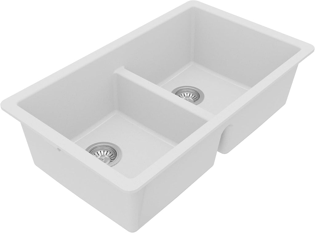 Karran QU-810 32' Undermount Double Bowl Quartz Kitchen Sink Kit, White Composite, Equal Bowls, Scratch Resistant, Heat Safe, Noise Reducing, Includes Grids & Strainers