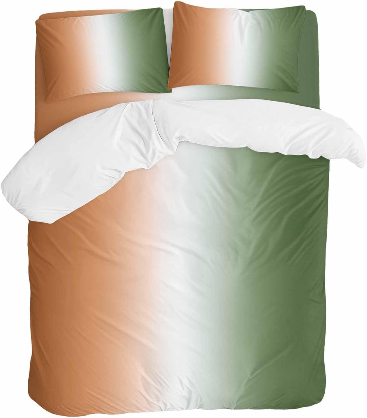 Gradient Sage Green Duvet Cover Set Queen Size 4 Pieces Modern Minimalist Sage Green Orange Ocean Beach Bedding Set with Zipper Closure, 1 Comforter Cover 92x106 Inches 1 Flat Sheet & 2 Pillow Cases