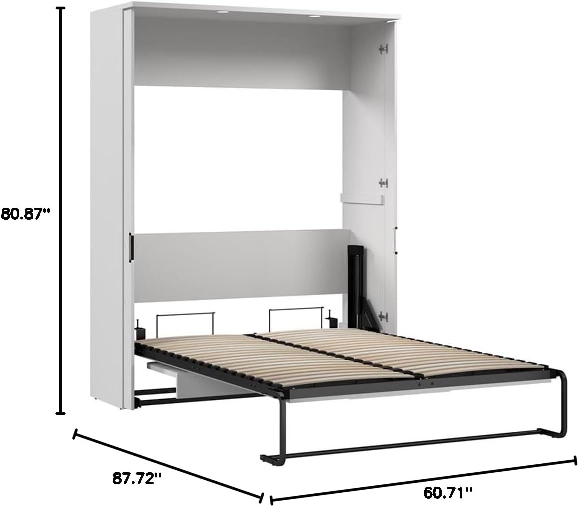 Pemberly Row 61' Engineered Wood Full Murphy Bed with Desk, White Finish, Space-Saving Bedroom Furniture Set, Dual Piston Mechanism, Flip-Up Work Surface, Wall-Mount Installation, Durable Steel Frame