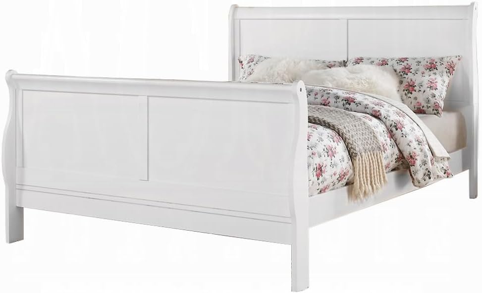 Elegant White Queen Sleigh Bed Frame with Tall Headboard and Footboard, Queen Size Platform Bedframe, Under Bed Storage Space, Strong Wooden Slats, Modern Mattress Foundation (Queen)