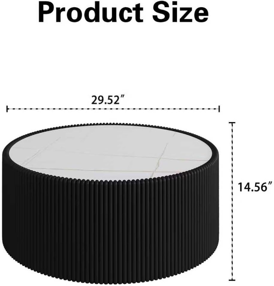 29.52' Black Round Coffee Table, Drum Coffee Table with Sintered Stone Tabletop and Fluted PU Leather Covered and Stable Base, Circle Cocktail Tea Table for Living Room