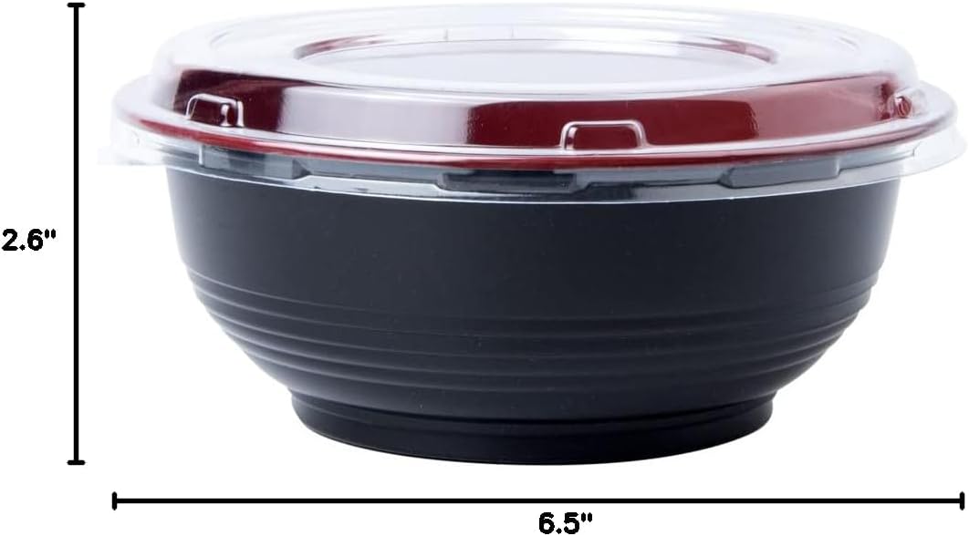24 Ounce Food Containers, 200 Disposable Salad Bowls - Lids Included, Microwavable, Black And Red Plastic To Go Bowls, Asian Inspired, Perfect For Picnics, Or Take Outs - Restaurantware