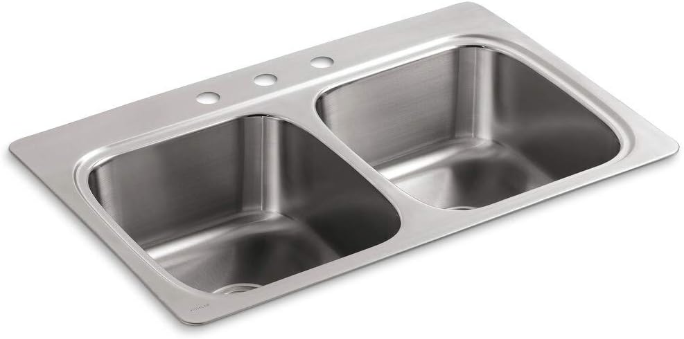 KOHLER Verse 33' Top-Mount Double-Bowl Kitchen Sink, Stainless Steel, 3 Faucet Holes, Durable and Easy-to-Clean Design, K-5267-3-NA