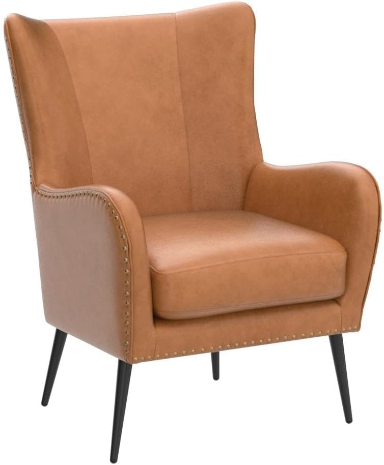 HULALA HOME Faux Leather Accent Chair with Removable Cushion, Comfy Upholstered Armchair with Black Metal Legs & Nailhead Trim Wingback Vanity Chair for Reading Living Room Bedroom, Camel