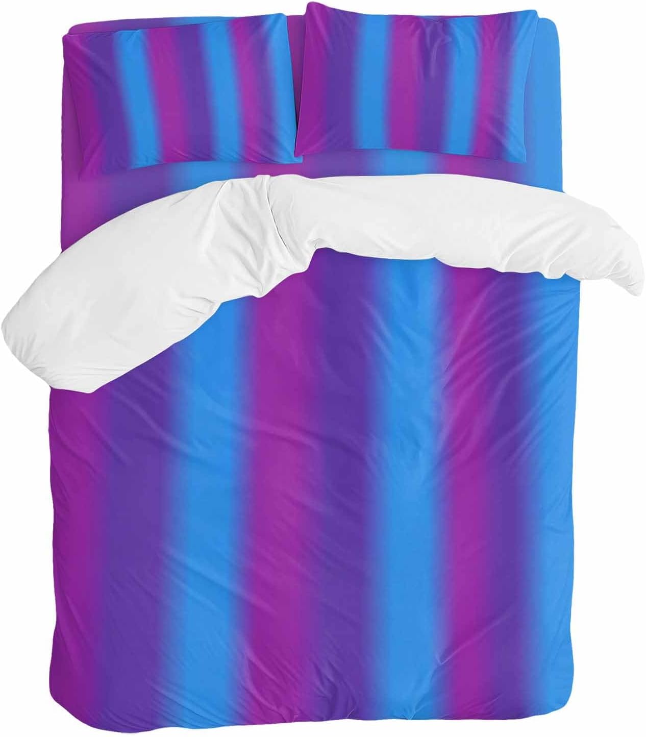 Color Striped Gradient Duvet Cover Set Queen Size 4 Pieces Modern Pink Purple Blue Minimalist Art Bedding Set with Zipper Closure, 1 Comforter Cover 90x92 Inches 1 Flat Sheet & 2 Pillow Cases