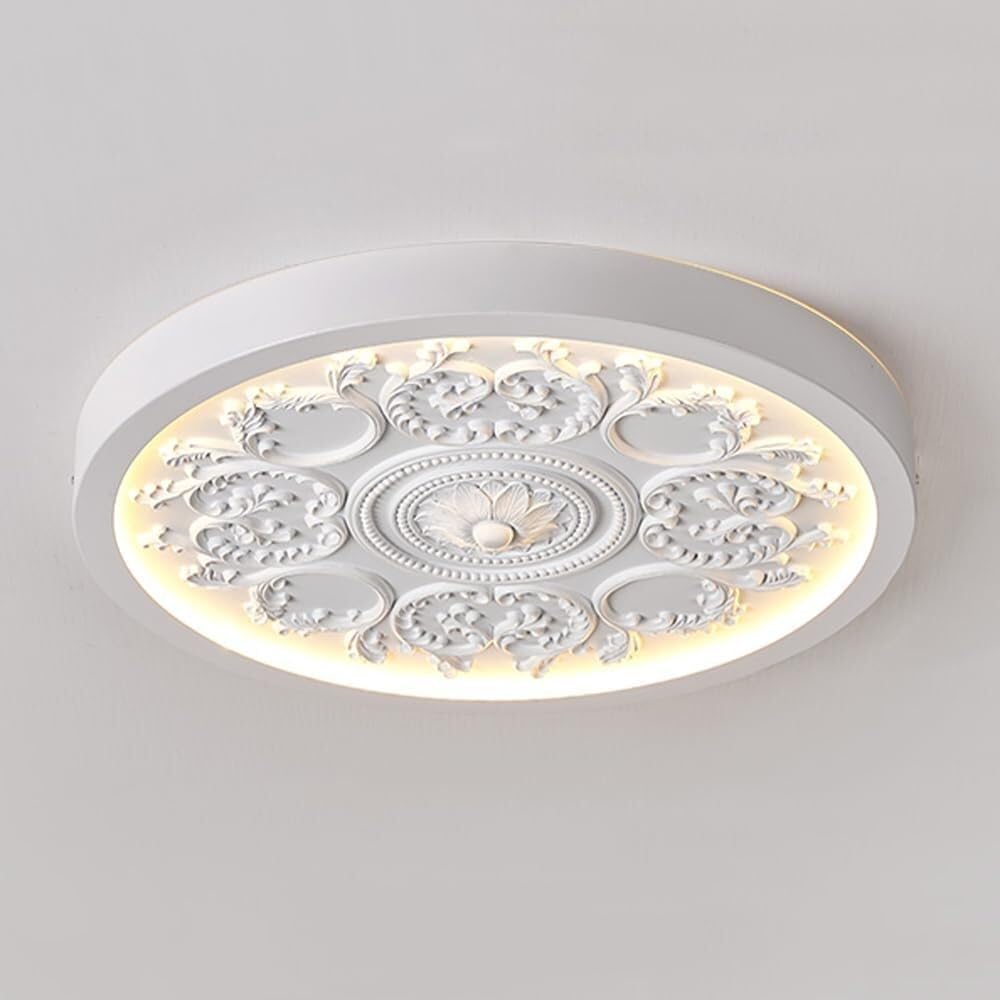 French Country Flush Mount Ceiling Light, Vintage Ornate Ceiling Lamp with Carved Medallion Design, Round Backlit LED Fixture for Bedroom, Living Room, Hallway, Dining Room(White,43CM)