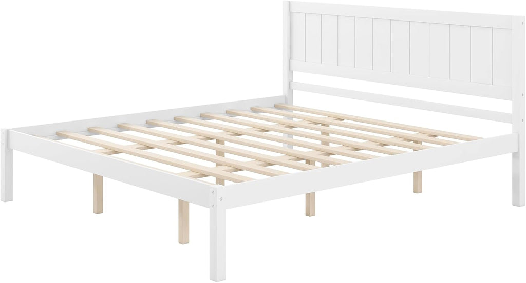 Platform Bed Frame with Headboard, Wood Slat Support, No Box Spring Needed,King,White
