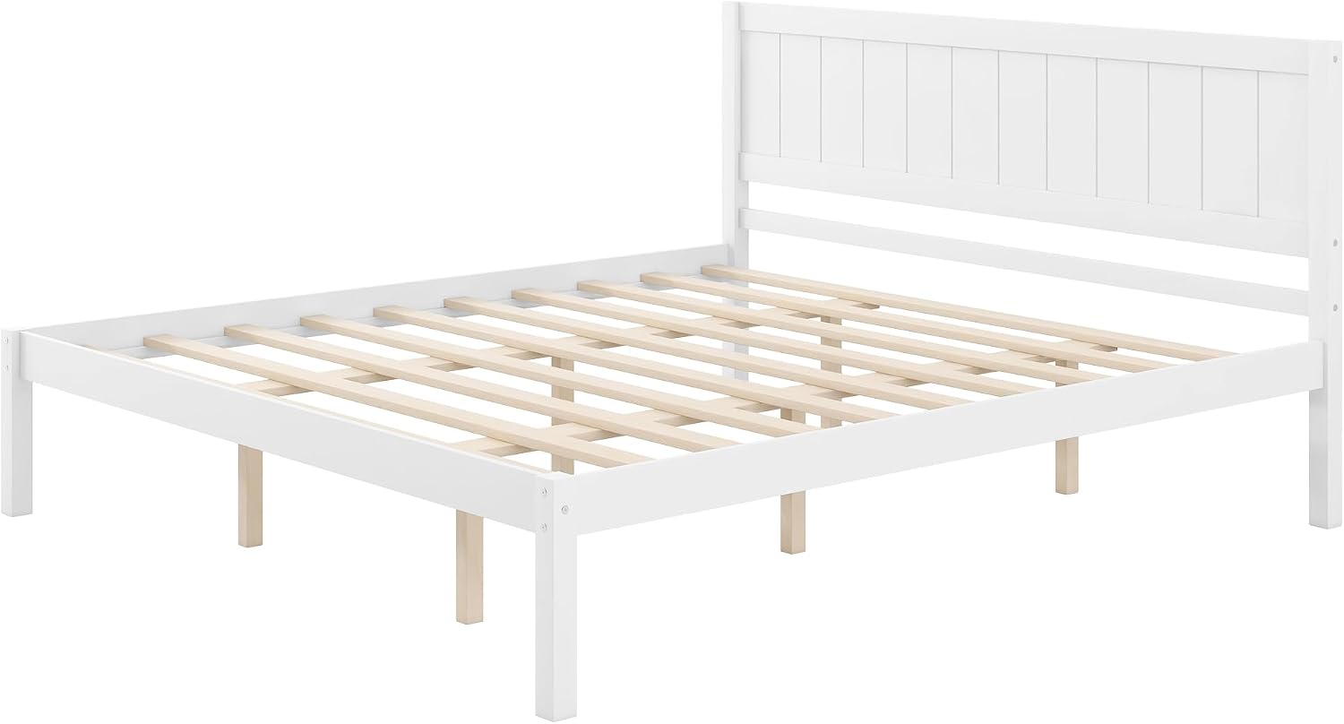 Platform Bed Frame with Headboard, Wood Slat Support, No Box Spring Needed,King,White