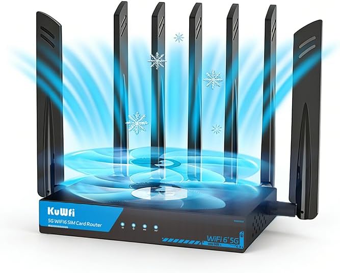 KuWFi 5G Router with SIM Card Slot, AX3000 WiFi 6 Unlocked 5G Router with Cooling Fan, 2.5G WAN & Dual SIM Failover, WireGuard VPN, Global 5G Network for Home/RV/Office, T-Mobile & AT&T
