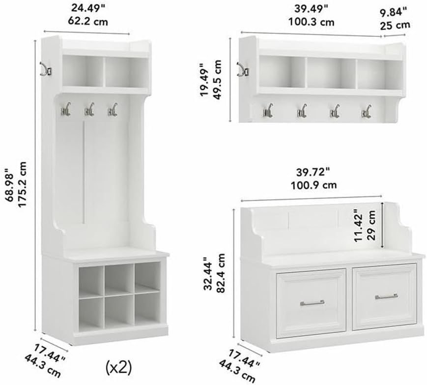 Bush Furniture Woodland Full Entryway Storage Set with Coat Rack and Shoe Bench with Doors | Mudroom Organizer for Footwear, Clothing, White Ash