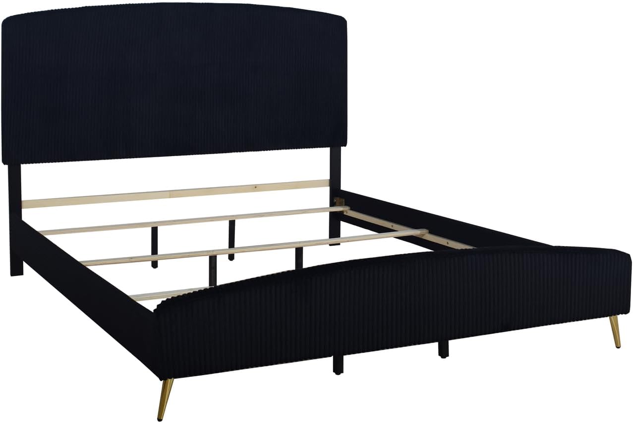 HomeStock Velvet Upholstered Panel Bed - Modern Black Bedroom Furniture King