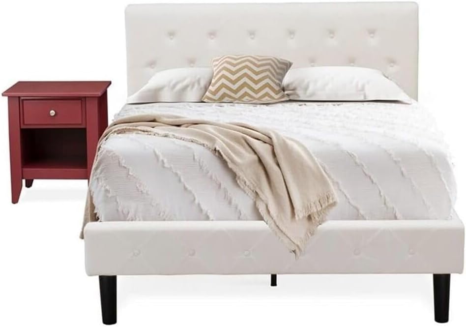 HomeStock Rustic Recluse 2 Piece Bedroom Set - Size Button Tufted Bed - Velvet Upholstered Headboard and A Nightstand Full/Burgundy/White
