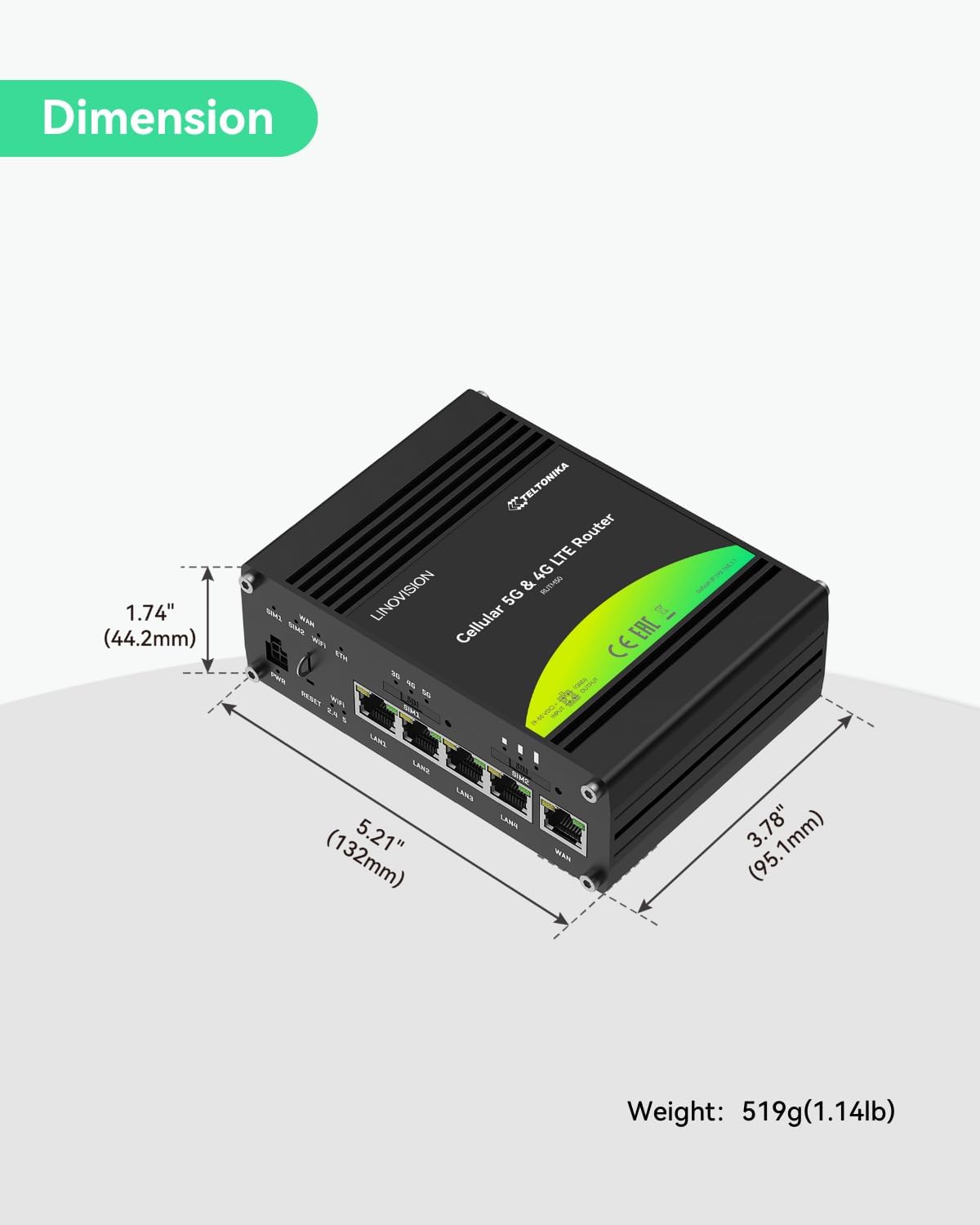 LINOVISION Industrial Teltonika 5G Cellular Router RUTM50 with Dual Band WiFi, Dual SIM Cards, Built-in GPS and GNSS, Industrial 5G Modem for North America