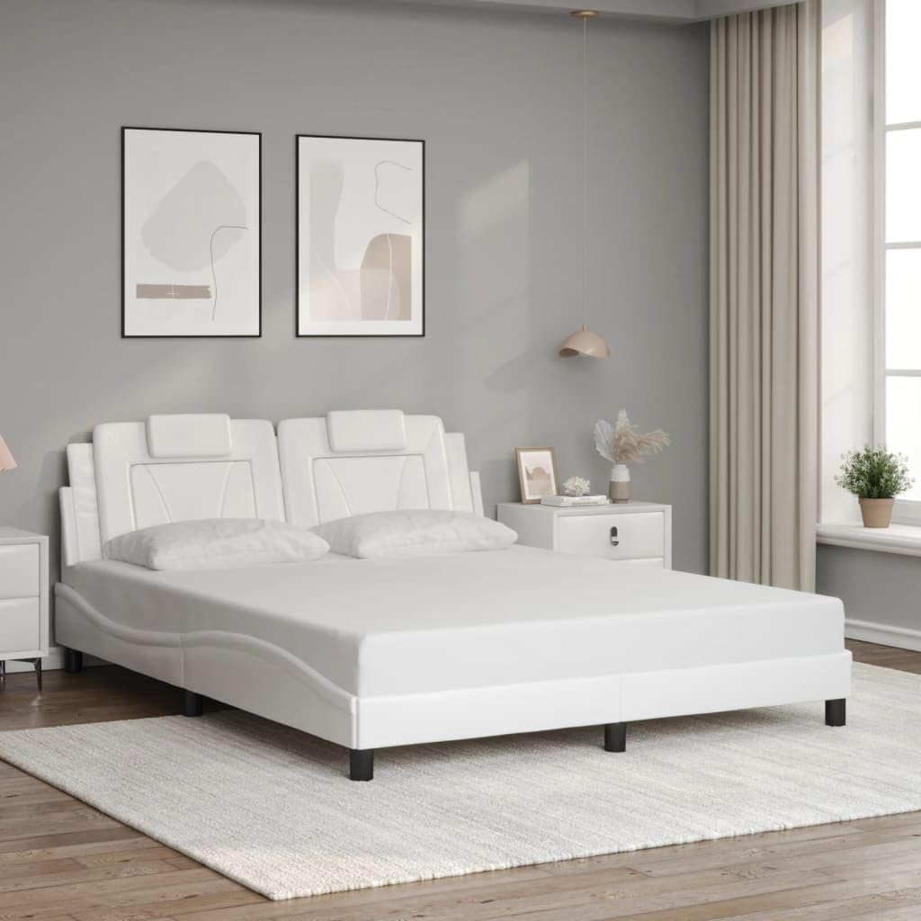 Viana Queen Bed Frame with Headboard, White Faux Leather Upholstered Platform Bed, 59.8'x79.9' Mattress Support, Durable Bedroom Furniture