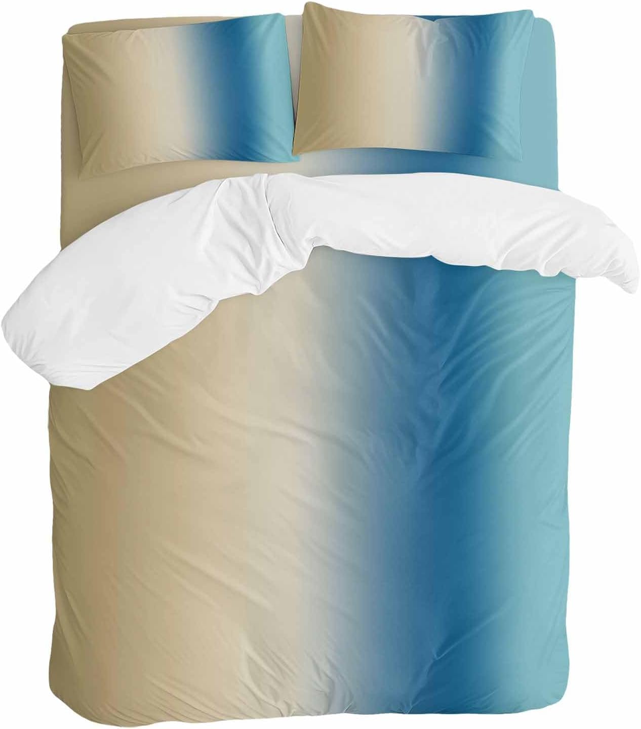 Gradient Brown Blue Duvet Cover Set Queen Size 4 Pieces Modern Abstract Minimalist Beige Ocean Beach Bedding Set with Zipper Closure, 1 Comforter Cover 86x86 Inches 1 Flat Sheet & 2 Pillow Cases