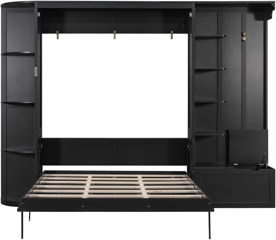 Queen Murphy Bed with Storage Shoe Cabinet,Storage Bench,Hooks & LED Lights,Wood Murphy Wall Bed with Shelves Bookcase and Cabinet, Space-Saving for Small Spaces Office Guest Room (Black,Queen)