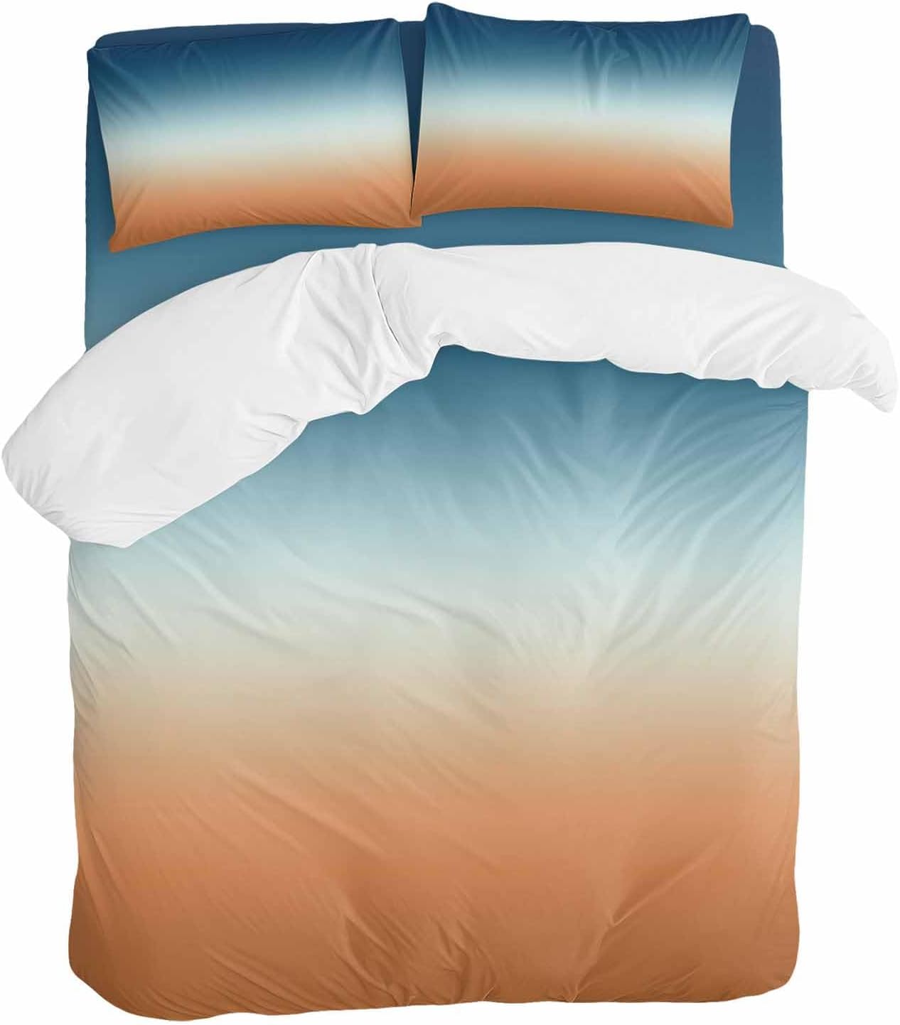 Prime Leader Gradient Blue Duvet Cover Set Queen Size 4 Pieces Modern Minimalist Orange Blue Ocean Beach Bedding Set with Zipper Closure, 1 Comforter Cover 92x106 Inches 1 Flat Sheet & 2 Pillow Cases