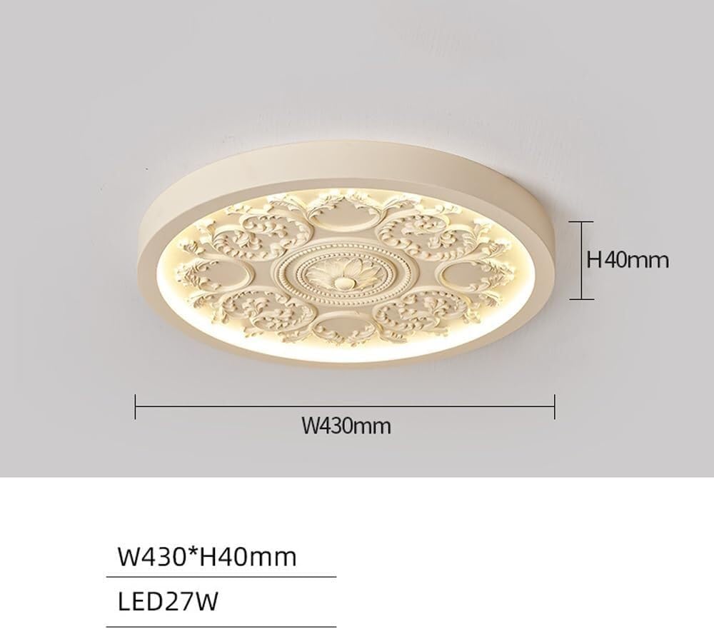 French Country Flush Mount Ceiling Light, Vintage Ornate Ceiling Lamp with Carved Medallion Design, Round Backlit LED Fixture for Bedroom, Living Room, Hallway, Dining Room(White,43CM)