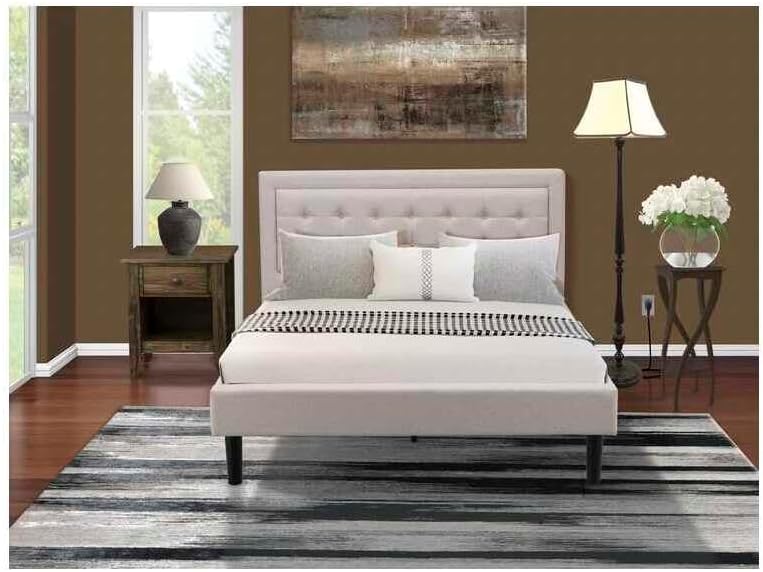HomeStock Southwestern Sanctuary 2 Piece Platform Bedroom Set with 1 Wood Bed Frame and a Mid Century Modern Nightstand Reliable and Mist Beige Linen Fabric White/Queen