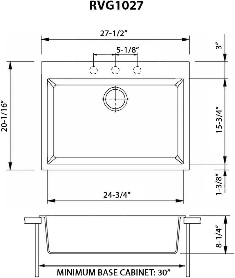 Ruvati 27 x 20 inch Drop-in Topmount Granite Composite Quartz Single Bowl Kitchen Sink - Midnight Black - RVG1027BK