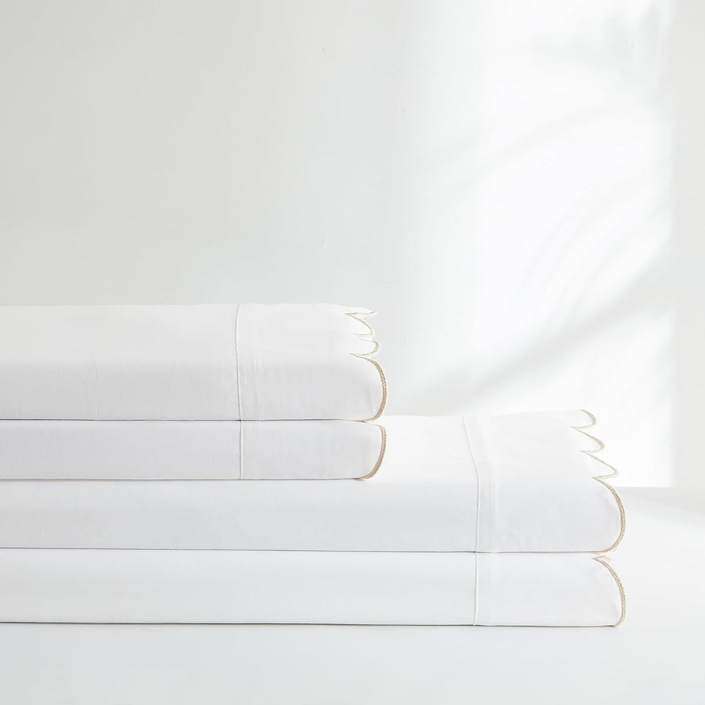 Lush Decor Coastal Chic Scalloped Edge Cotton Sheet Set 4 Piece Set King Neutral - White Sheets - Scallop Trim - Bed Sheets - Coastal Decor