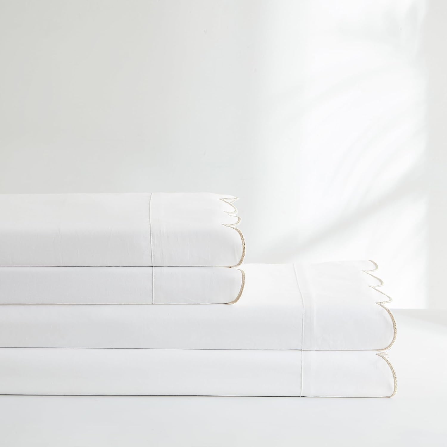 Lush Decor Coastal Chic Scalloped Edge Cotton Sheet Set 4 Piece Set King Neutral - White Sheets - Scallop Trim - Bed Sheets - Coastal Decor