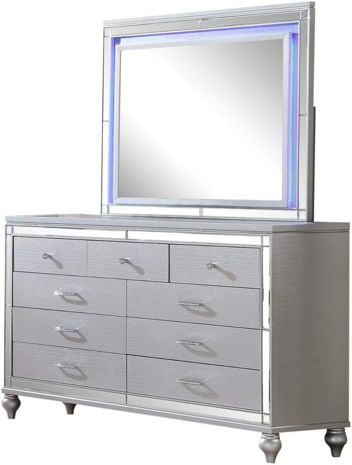 Full 4 Pc LED Bedroom Set - Modern Wood Design, Silver Color