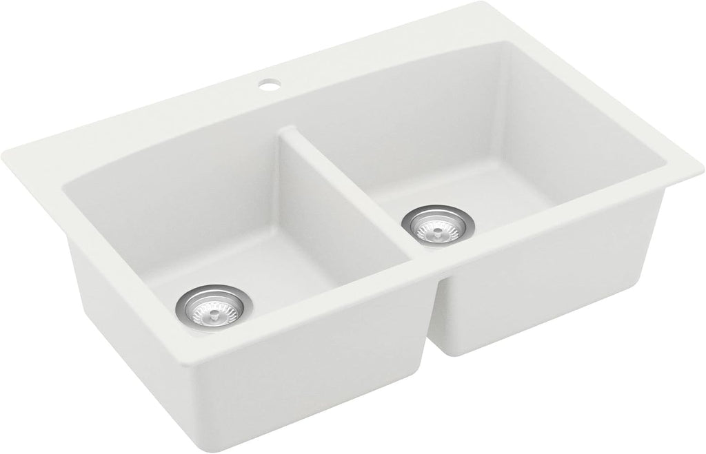 Karran QT-710 33 Inch Top Mount Double Bowl Kitchen Sink, 50/50 Low Divide Quartz Composite Drop-In Sink, Rear Drain, Heat and Scratch Resistant, White