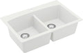 Karran QT-710 33 Inch Top Mount Double Bowl Kitchen Sink, 50/50 Low Divide Quartz Composite Drop-In Sink, Rear Drain, Heat and Scratch Resistant, White