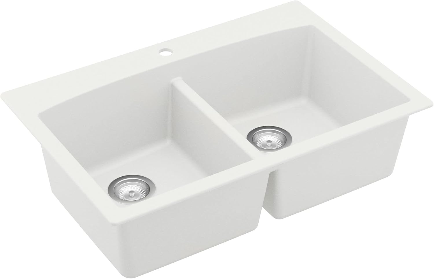 Karran QT-710 33 Inch Top Mount Double Bowl Kitchen Sink, 50/50 Low Divide Quartz Composite Drop-In Sink, Rear Drain, Heat and Scratch Resistant, White
