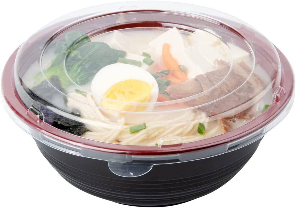 34 Ounce Food Containers, 200 Disposable Salad Bowls - Lids Included, Microwavable, Black And Red Plastic To Go Bowls, Asian Inspired, Perfect For Picnics, Or Take Outs - Restaurantware