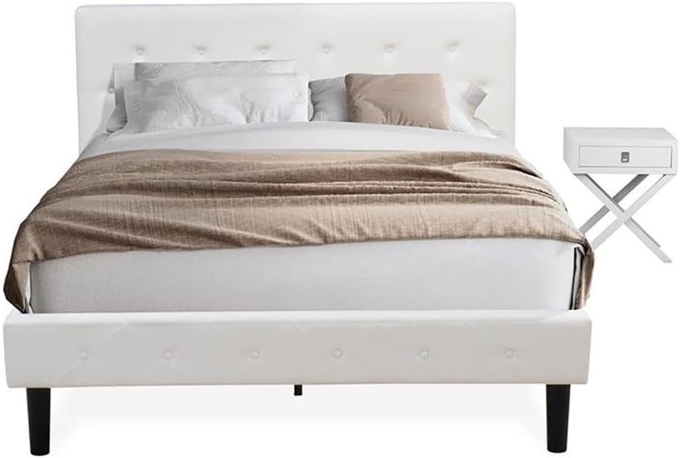 East West Furniture NL19Q-1HA05 2 Piece Modern Bedroom Set - Button Tufted Bed Frame - Linen white Velvet Fabric Upholstered Headboard and a Linen white Finish Nightstand