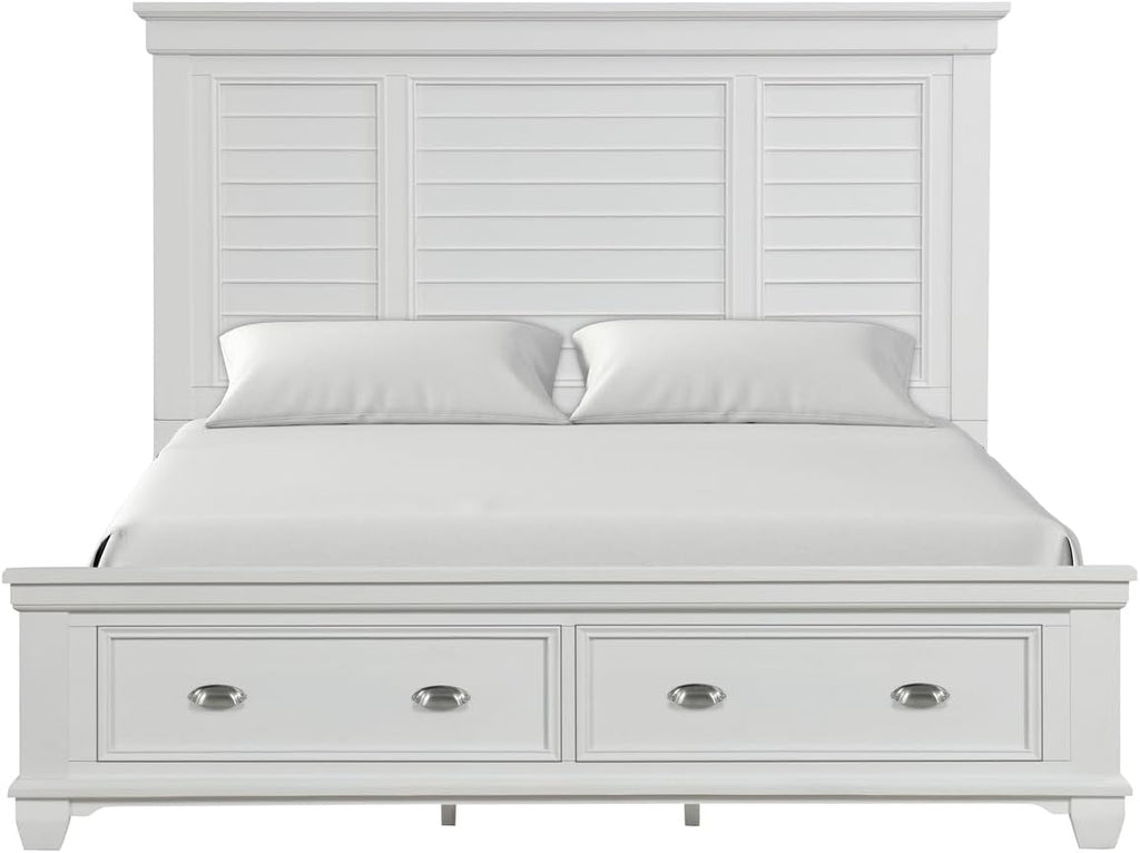 HomeStock Wood Panel Bed with Footboard Storage - Modern Bed Frame for Bedroom White/Queen