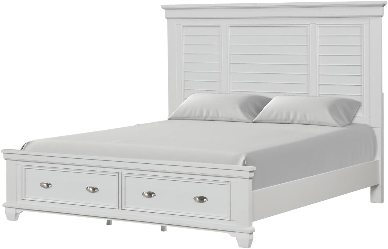 HomeStock Wood Panel Bed with Footboard Storage - Modern Bed Frame for Bedroom White/Queen