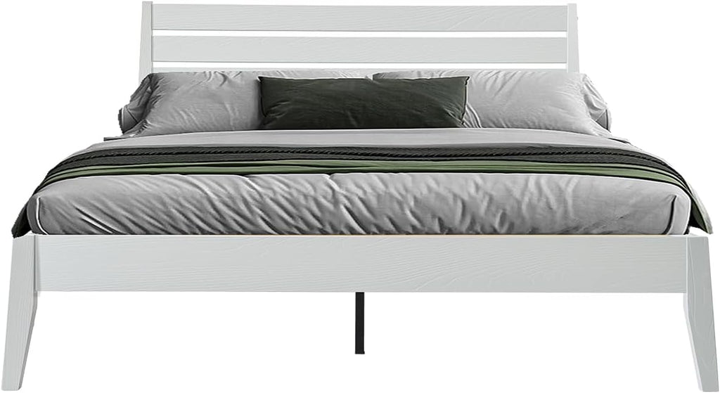 Full Size Solid Wood Platform Bed Frame with Headboard and Footboard, 12 Sturdy Slats, Center Metal Legs, Easy Assembly, No Box Spring Needed, Anti-Noise & Slip-Free Design, Pure White Finish. RKF-39