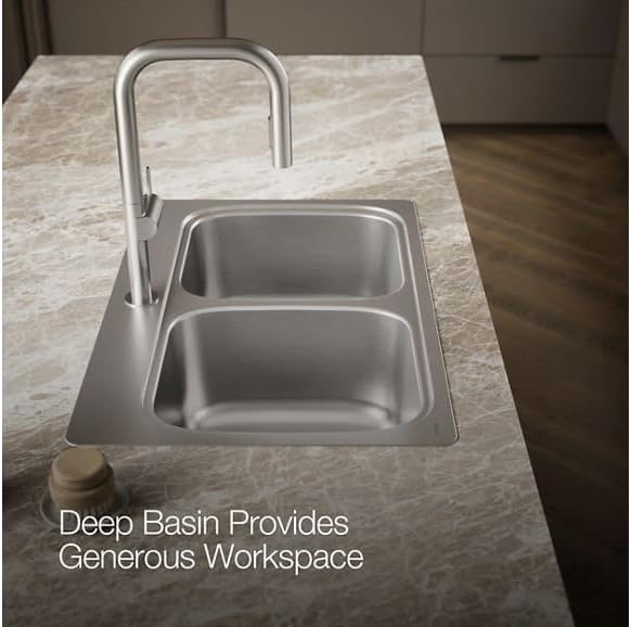 KOHLER 5267-1-NA Verse 33' Kitchen Sink Drop In Top-Mount Double-Bowl, Stainless Steel, 1 Faucet Hole, Durable and Easy-to-Clean Design, 33x22 Drop In Kitchen Sink