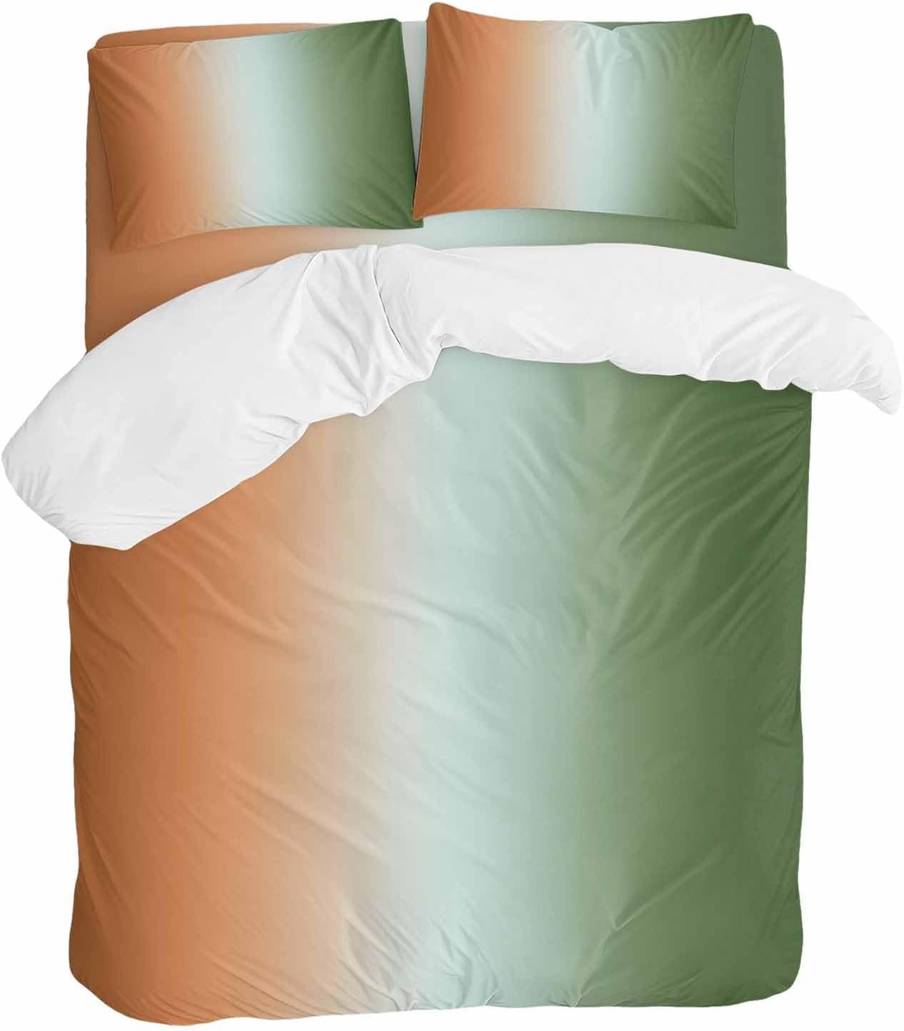 Gradient Sage Green Duvet Cover Set Queen Size 4 Pieces Modern Minimalist Orange Green Ocean Beach Bedding Set with Zipper Closure, 1 Comforter Cover 92x106 Inches 1 Flat Sheet & 2 Pillow Cases