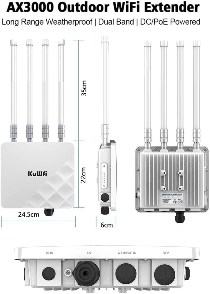 KuWFi Outdoor WiFi 6 Access Point, 3000Mbps Long Range Extender, IP67 Waterproof, PoE+ Powered, Cloud Managed, Supports 256 Users, Ideal for 300-500m Coverage, Compatible with Starlink