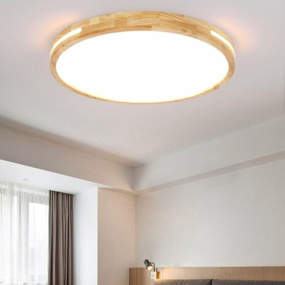 Nordic Wooden LED Ceiling Lamp Round Japanese Style Lighting Ceiling Light Three-Tone Light Flat Ceiling Light Fixture for Living Room Bedroom Dining Room Kitchen Study Room Corridor(50cm)