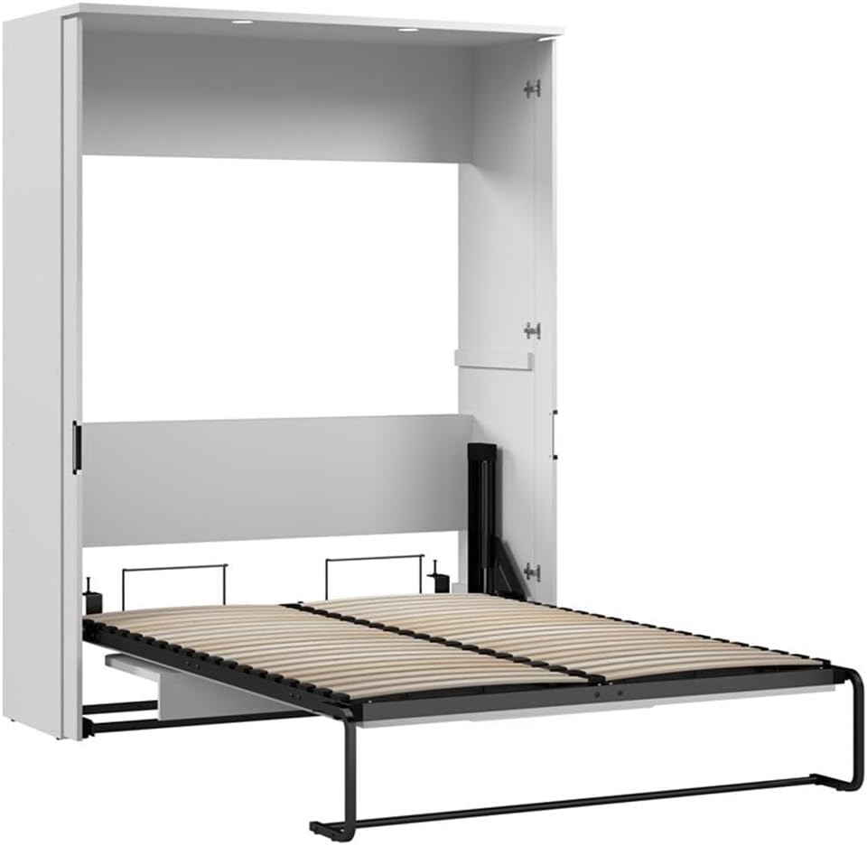 Pemberly Row 61' Engineered Wood Full Murphy Bed with Desk, White Finish, Space-Saving Bedroom Furniture Set, Dual Piston Mechanism, Flip-Up Work Surface, Wall-Mount Installation, Durable Steel Frame