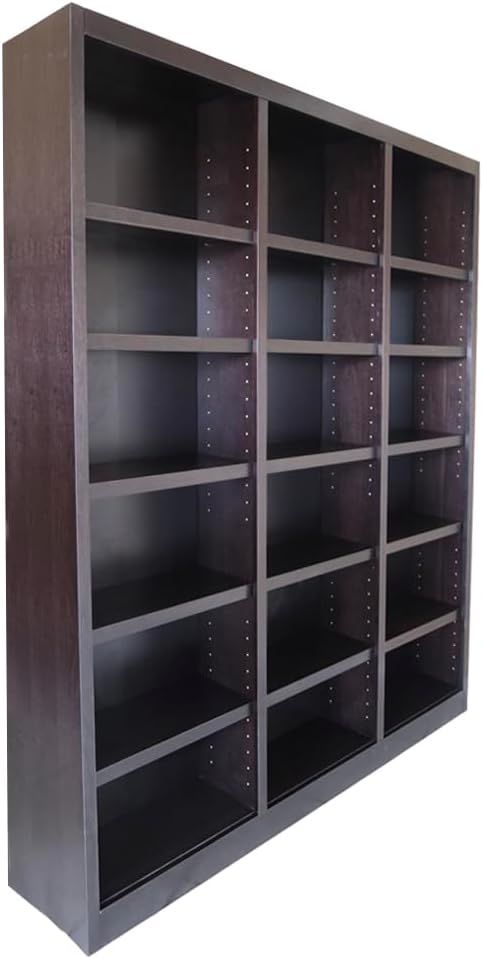 Concepts In Wood Traditional 84' Tall Triple Wide 18-Shelf Genuine Bookcase with 15 Adjustable Shelves & 3 Fixed Shelves, Quick & Simple Assembly, in Chocolate Espresso Finish