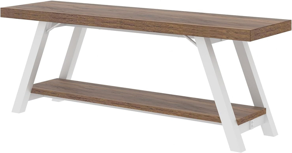 LVB Rustic Entryway Bench, Farmhouse Wood Indoor Shoe Bench with Storage in Bedroom End of Bed, Industrial Metal Foyer Shoe Rack Bench Seating for Hallway Living Dining Room, White Rustic Oak, 47 Inch