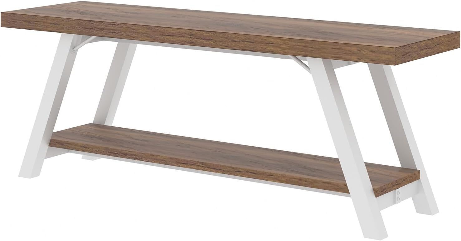 LVB Rustic Entryway Bench, Farmhouse Wood Indoor Shoe Bench with Storage in Bedroom End of Bed, Industrial Metal Foyer Shoe Rack Bench Seating for Hallway Living Dining Room, White Rustic Oak, 47 Inch