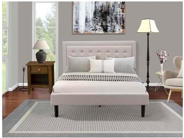 HomeStock Southwestern Sanctuary 2 Piece Platform Bedroom Set with 1 Wood Bed Frame and a Mid Century Modern Nightstand Reliable and Mist Beige Linen Fabric Queen/Antique Walnut